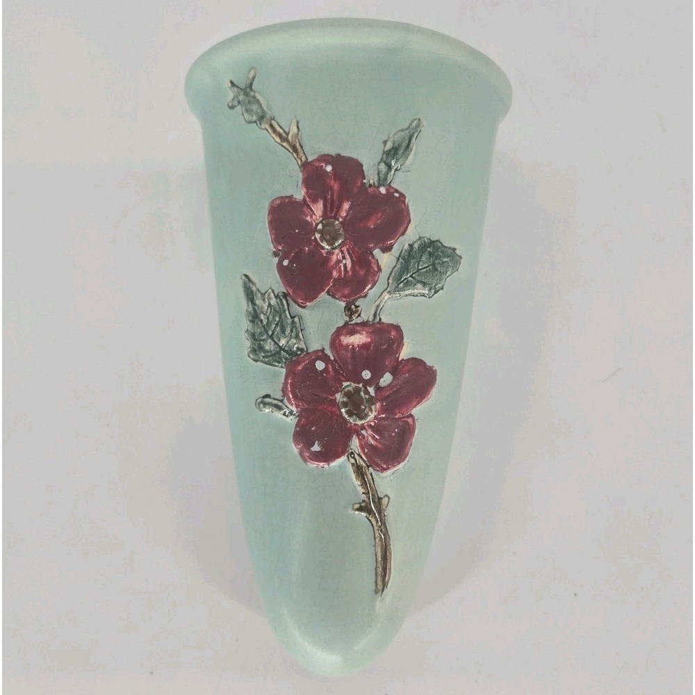 Weller Pottery Blossom Wall Pocket Aqua Red Floral Vintage 1930s Art Pottery